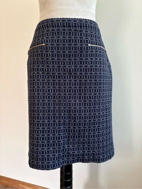 Talbots Navy & White Geometric Pencil Skirt Gold Toned Horizontal Zippers Size 8